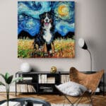 Cuadro Lienzo Noche Estrellada Perro Bernese Mountain Dog
