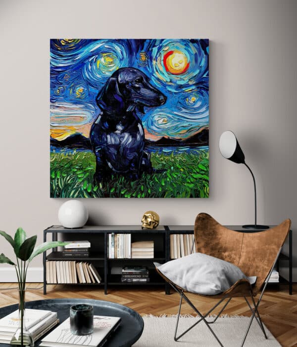 Cuadro Lienzo Noche Estrellada Perro Black Dacshund